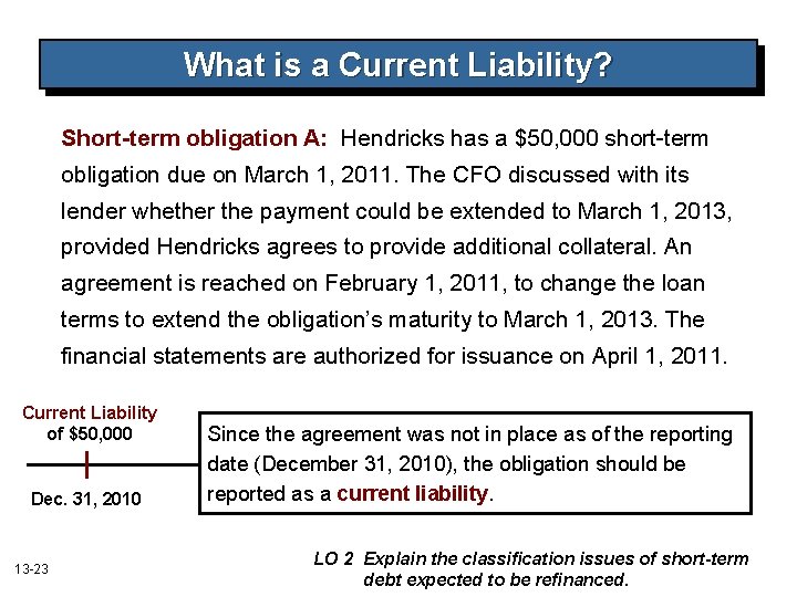 What is a Current Liability? Short-term obligation A: Hendricks has a $50, 000 short-term