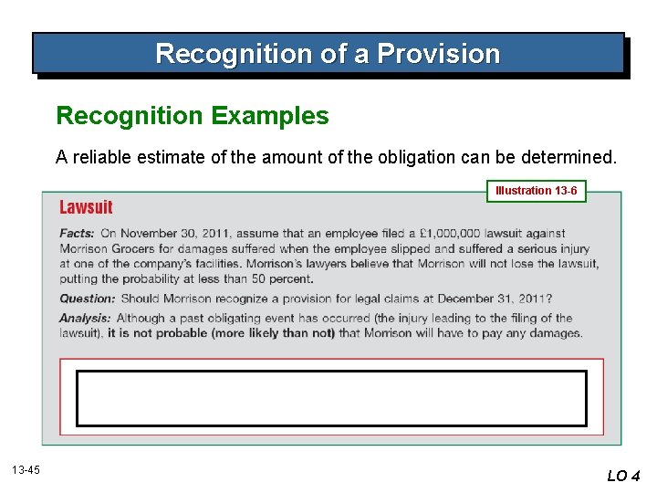 Recognition of a Provision Recognition Examples A reliable estimate of the amount of the