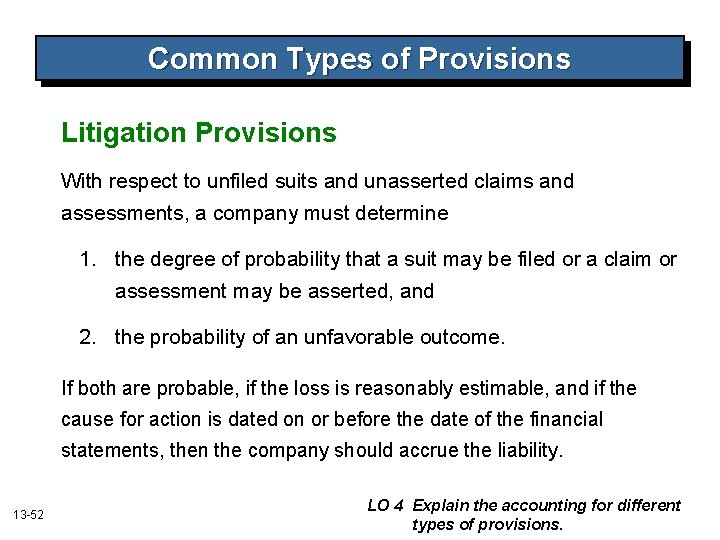 Common Types of Provisions Litigation Provisions With respect to unfiled suits and unasserted claims