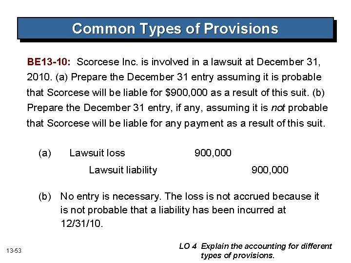 Common Types of Provisions BE 13 -10: Scorcese Inc. is involved in a lawsuit