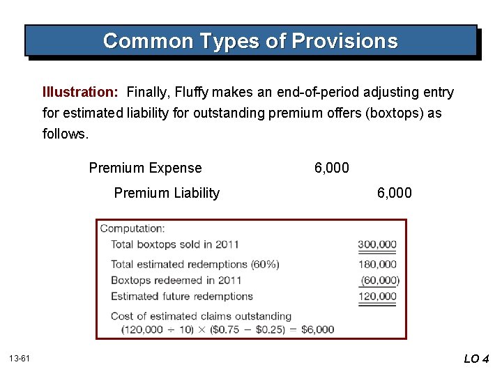 Common Types of Provisions Illustration: Finally, Fluffy makes an end-of-period adjusting entry for estimated