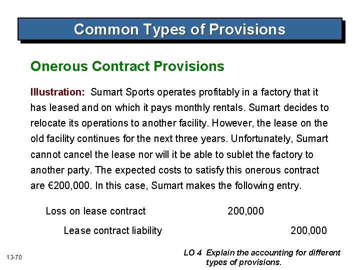 Common Types of Provisions Onerous Contract Provisions Illustration: Sumart Sports operates profitably in a