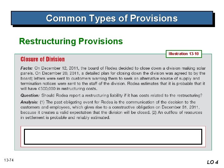 Common Types of Provisions Restructuring Provisions Illustration 13 -10 13 -74 LO 4 