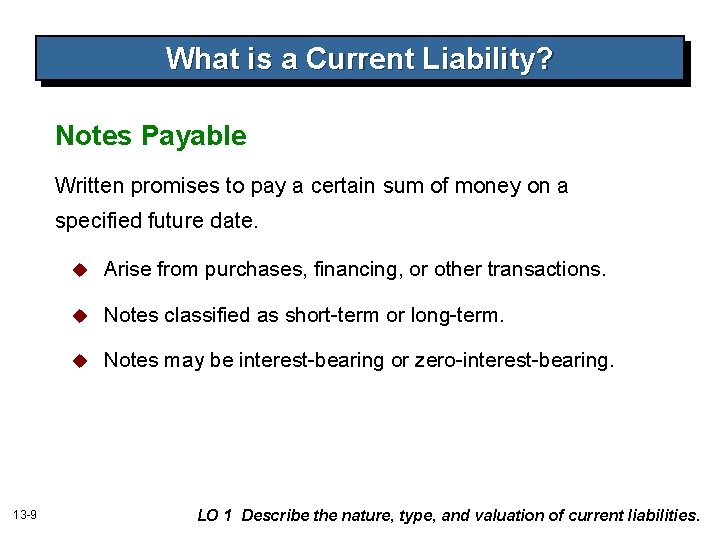 What is a Current Liability? Notes Payable Written promises to pay a certain sum