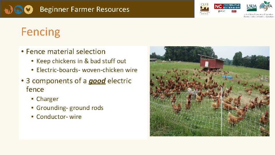 Beginner Farmer Resources Fencing • Fence material selection • Keep chickens in & bad