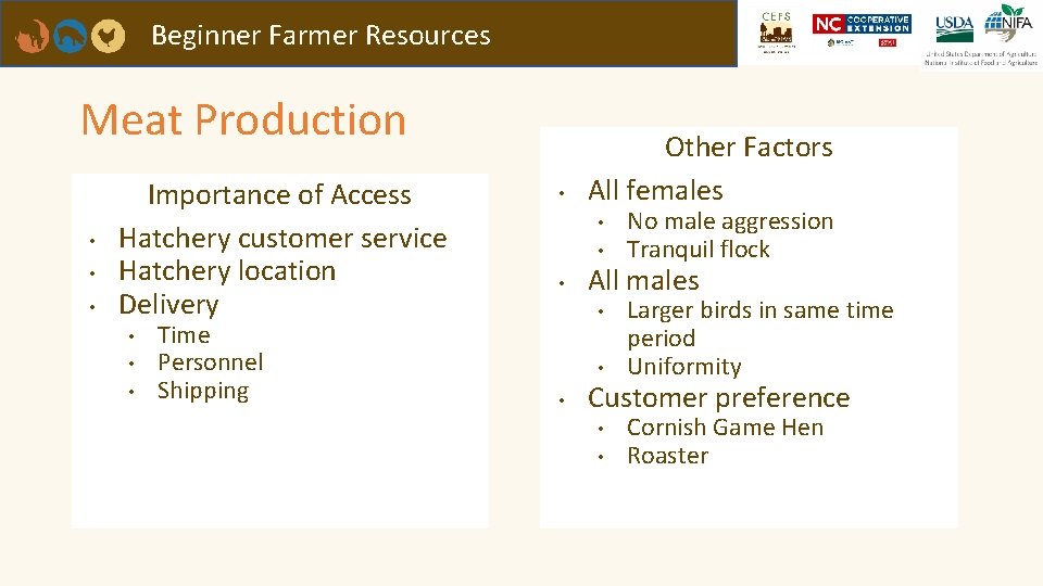 Beginner Farmer Resources Meat Production • • • Importance of Access Hatchery customer service