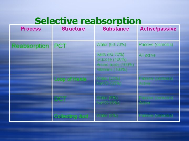 Selective reabsorption Process Structure Substance Active/passive Water (60 -70%) Passive (osmosis) Salts (60 -70%)