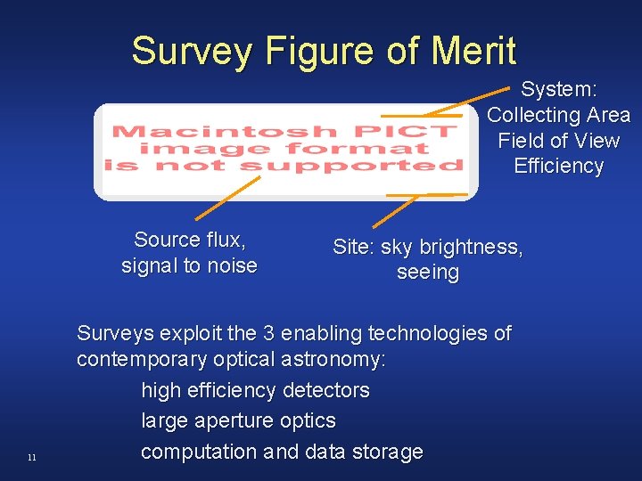 Survey Figure of Merit System: Collecting Area Field of View Efficiency Source flux, signal