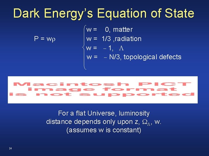 Dark Energy’s Equation of State w = 0, matter P = w w =