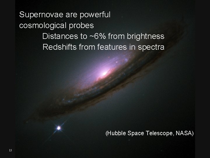 Supernovae are powerful cosmological probes Distances to ~6% from brightness Redshifts from features in