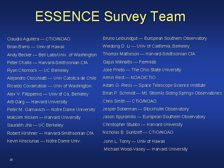 ESSENCE Survey Team Claudio Aguilera --- CTIO/NOAO Bruno Leibundgut --- European Southern Observatory Brian