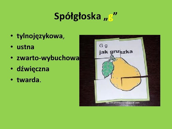 Spółgłoska „g” • • • tylnojęzykowa, ustna zwarto-wybuchowa dźwięczna twarda. 