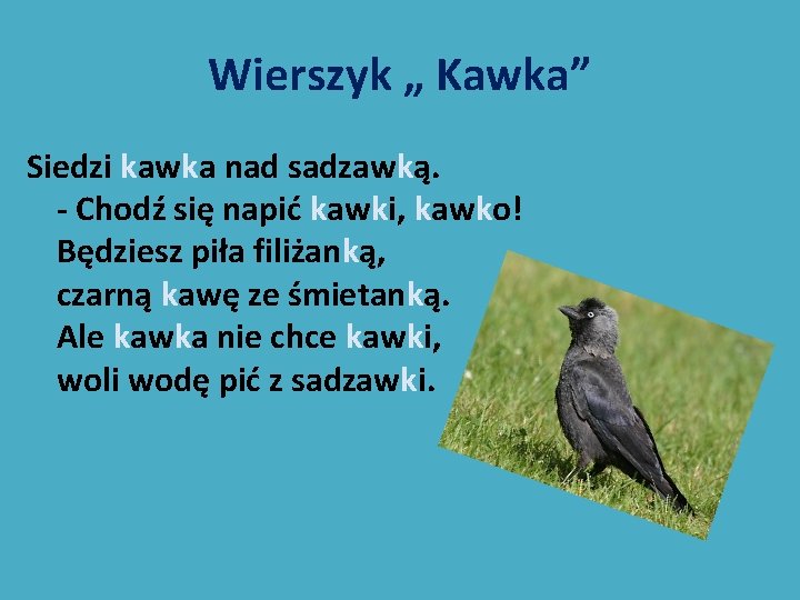 Wierszyk „ Kawka” Siedzi kawka nad sadzawką. - Chodź się napić kawki, kawko! Będziesz