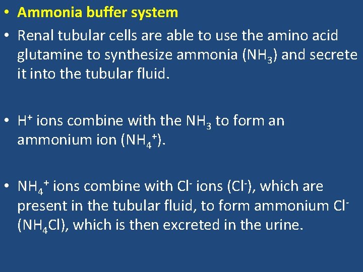  • Ammonia buffer system • Renal tubular cells are able to use the