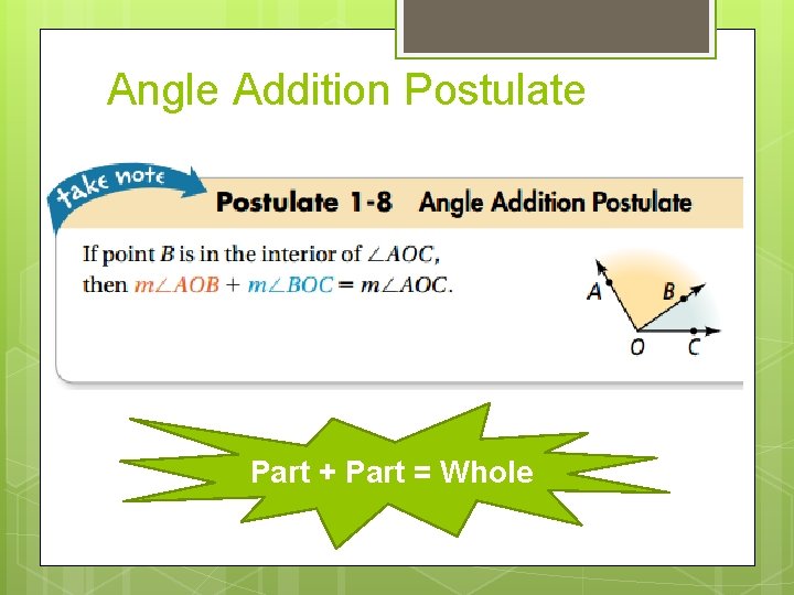 Angle Addition Postulate Part + Part = Whole 
