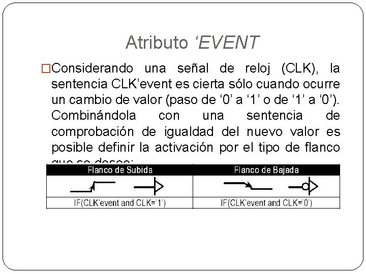 Atributo ‘EVENT �Considerando una señal de reloj (CLK), la sentencia CLK’event es cierta sólo