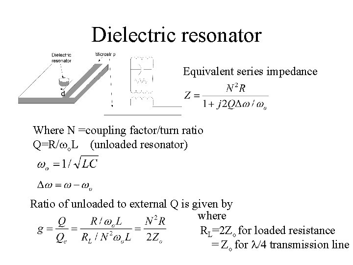 Dielectric resonator Equivalent series impedance Where N =coupling factor/turn ratio Q=R/wo. L (unloaded resonator)