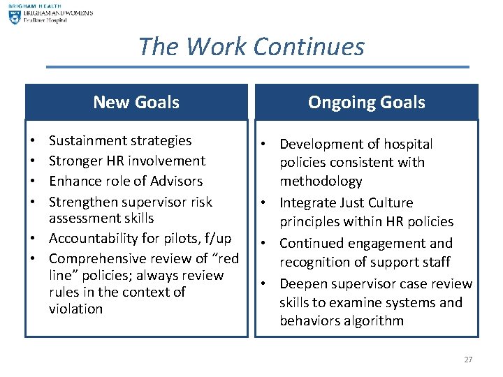 The Work Continues New Goals Ongoing Goals Sustainment strategies Stronger HR involvement Enhance role