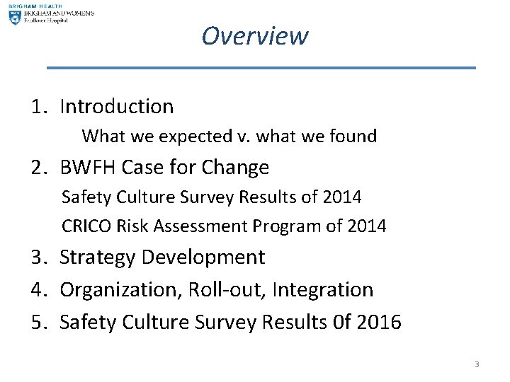 Overview 1. Introduction What we expected v. what we found 2. BWFH Case for