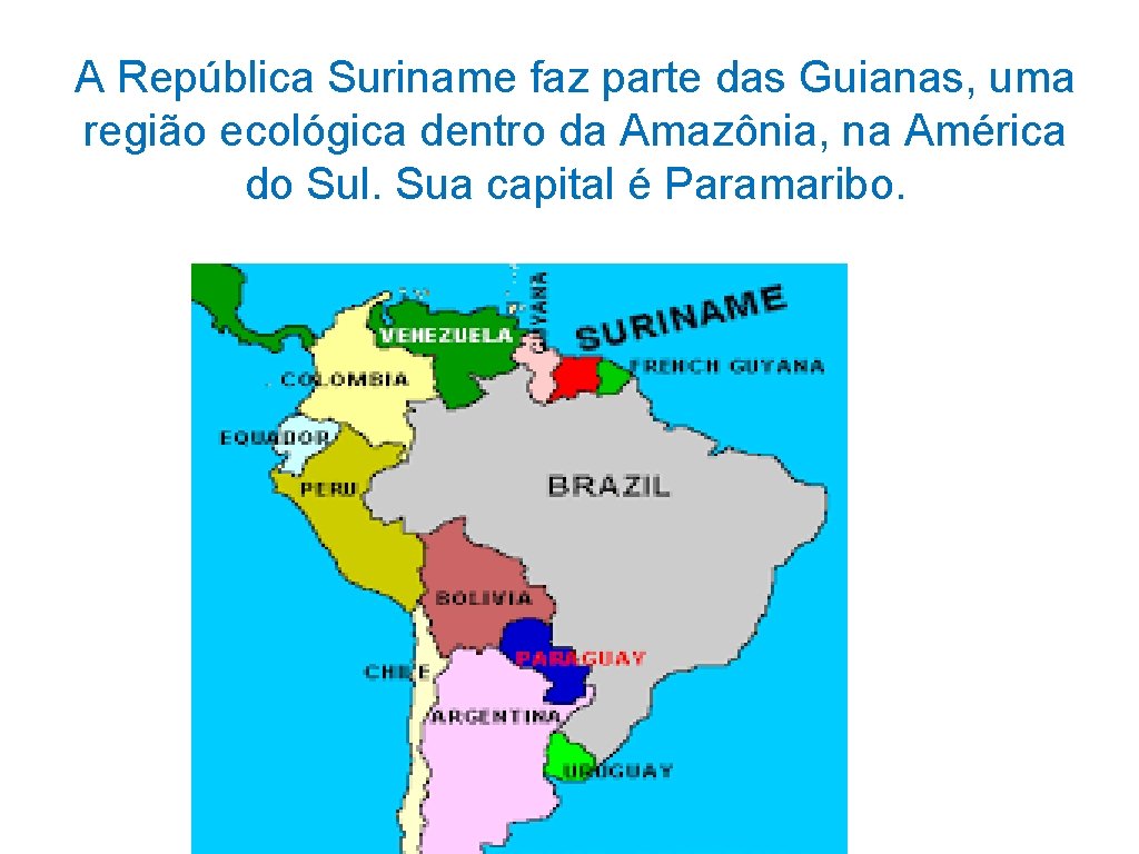 A República Suriname faz parte das Guianas, uma região ecológica dentro da Amazônia, na