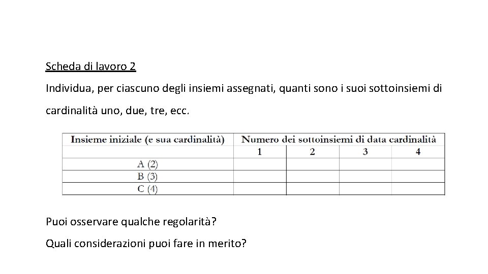 Scheda di lavoro 2 Individua, per ciascuno degli insiemi assegnati, quanti sono i suoi