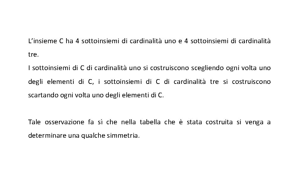 L’insieme C ha 4 sottoinsiemi di cardinalità uno e 4 sottoinsiemi di cardinalità tre.