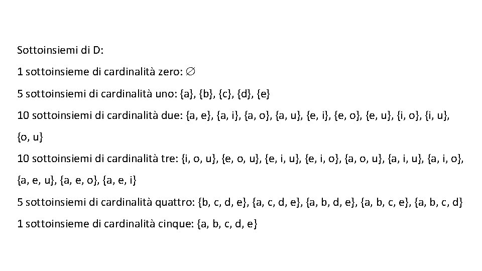 Sottoinsiemi di D: 1 sottoinsieme di cardinalità zero: 5 sottoinsiemi di cardinalità uno: {a},