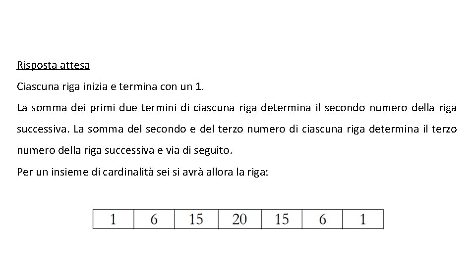 Risposta attesa Ciascuna riga inizia e termina con un 1. La somma dei primi