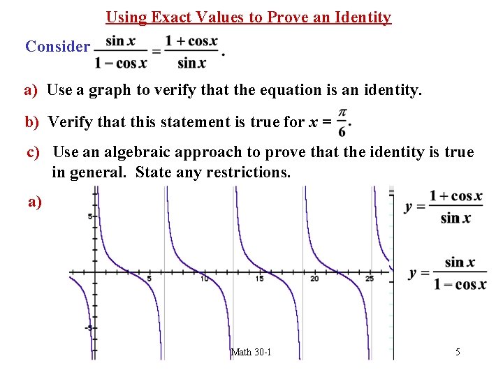 Using Exact Values to Prove an Identity Consider a) Use a graph to verify
