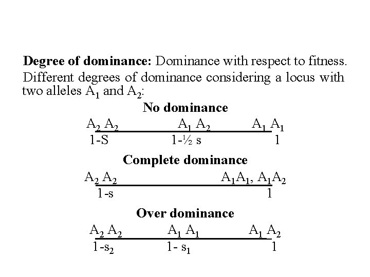 Degree of dominance: Dominance with respect to fitness. Different degrees of dominance considering a