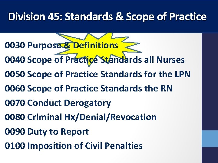 Division 45: Standards & Scope of Practice 0030 Purpose & Definitions 0040 Scope of Division 45: Standards & Scope of Practice 0030 Purpose & Definitions 0040 Scope of