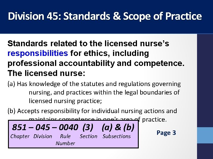 Division 45: Standards & Scope of Practice Standards related to the licensed nurse’s responsibilities Division 45: Standards & Scope of Practice Standards related to the licensed nurse’s responsibilities