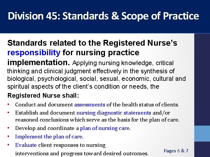 Division 45: Standards & Scope of Practice Standards related to the Registered Nurse’s responsibility Division 45: Standards & Scope of Practice Standards related to the Registered Nurse’s responsibility