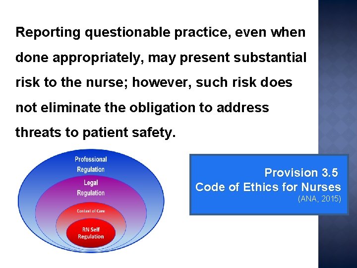 Reporting questionable practice, even when done appropriately, may present substantial risk to the nurse; Reporting questionable practice, even when done appropriately, may present substantial risk to the nurse;