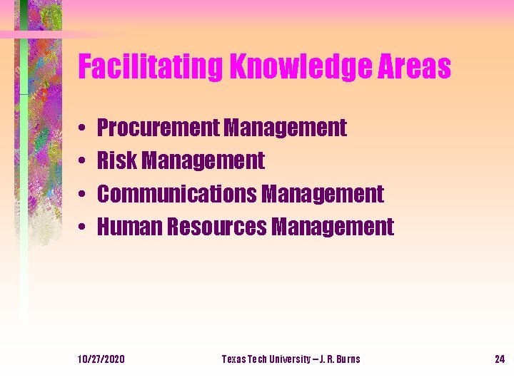 Facilitating Knowledge Areas • • Procurement Management Risk Management Communications Management Human Resources Management