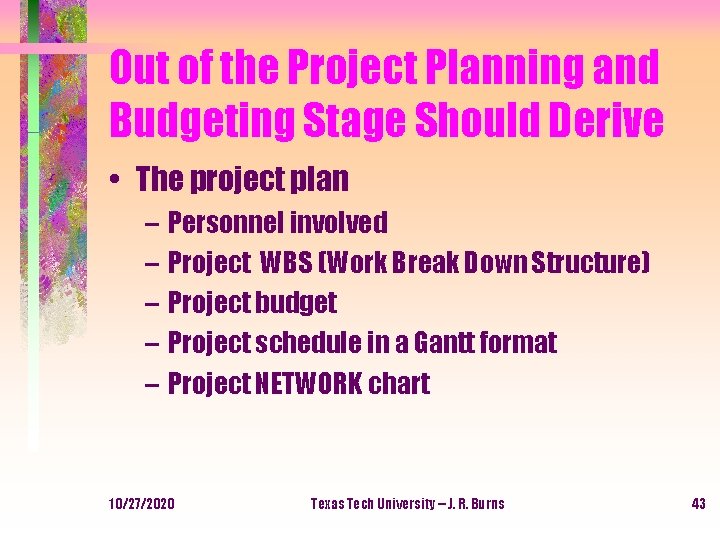 Out of the Project Planning and Budgeting Stage Should Derive • The project plan