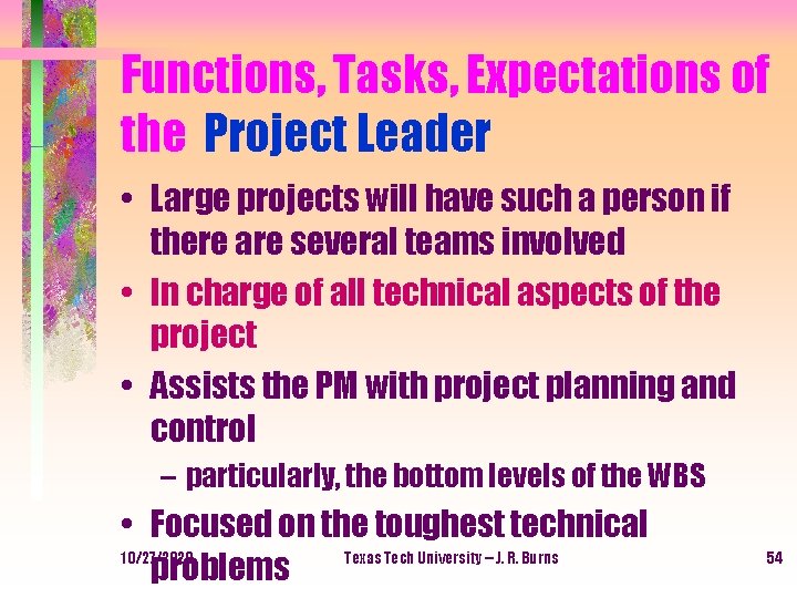 Functions, Tasks, Expectations of the Project Leader • Large projects will have such a