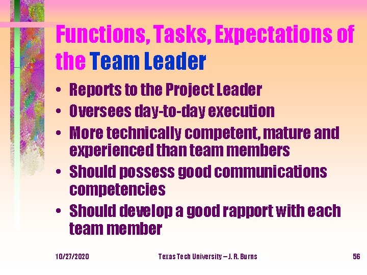 Functions, Tasks, Expectations of the Team Leader • Reports to the Project Leader •