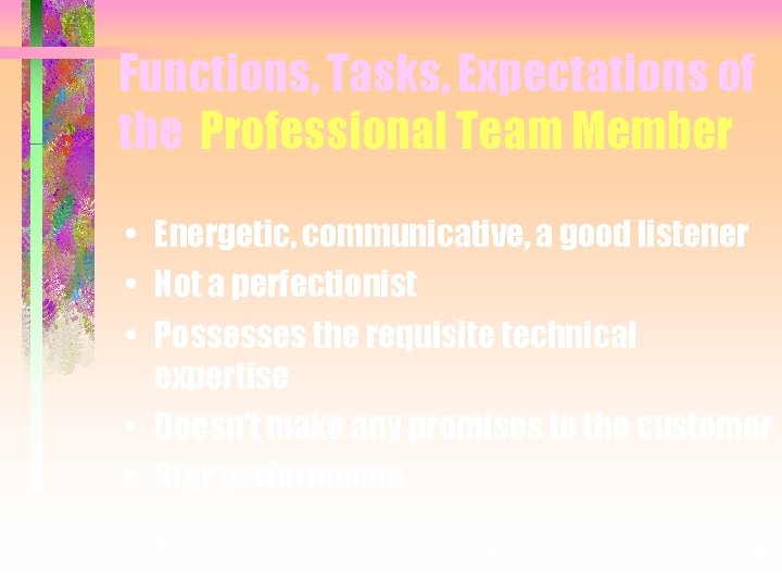 Functions, Tasks, Expectations of the Professional Team Member • Energetic, communicative, a good listener