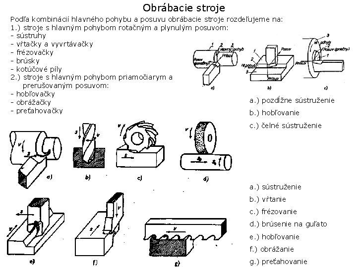 Obrábacie stroje Podľa kombinácií hlavného pohybu a posuvu obrábacie stroje rozdeľujeme na: 1. )