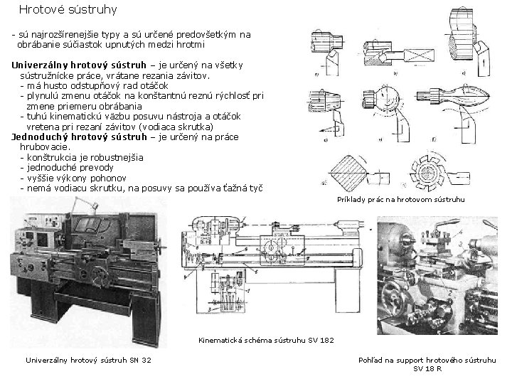 Hrotové sústruhy - sú najrozšírenejšie typy a sú určené predovšetkým na obrábanie súčiastok upnutých