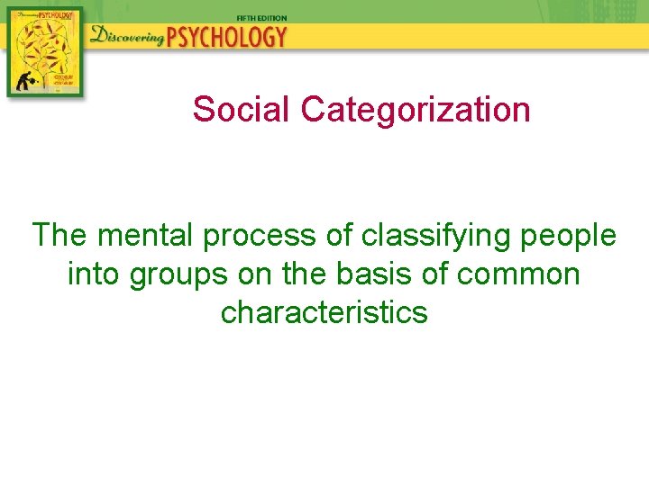 Social Categorization The mental process of classifying people into groups on the basis of