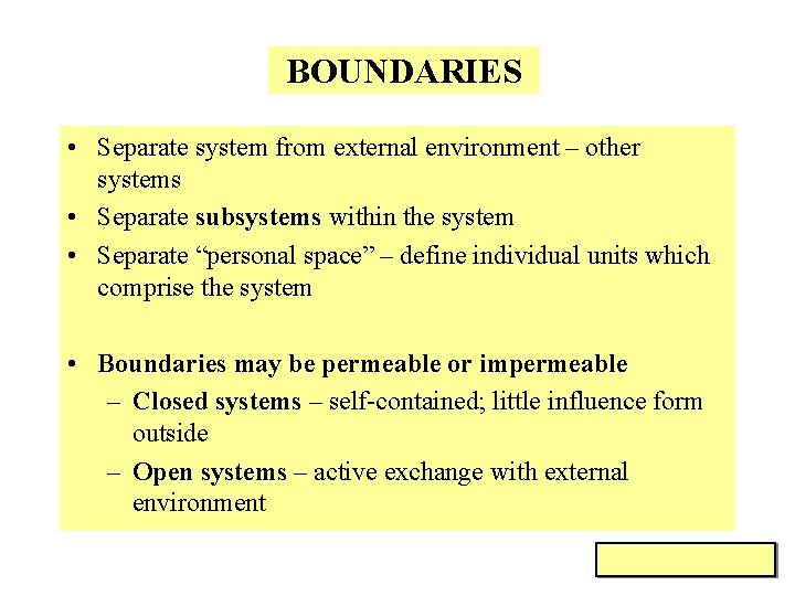 BOUNDARIES • Separate system from external environment – other systems • Separate subsystems within