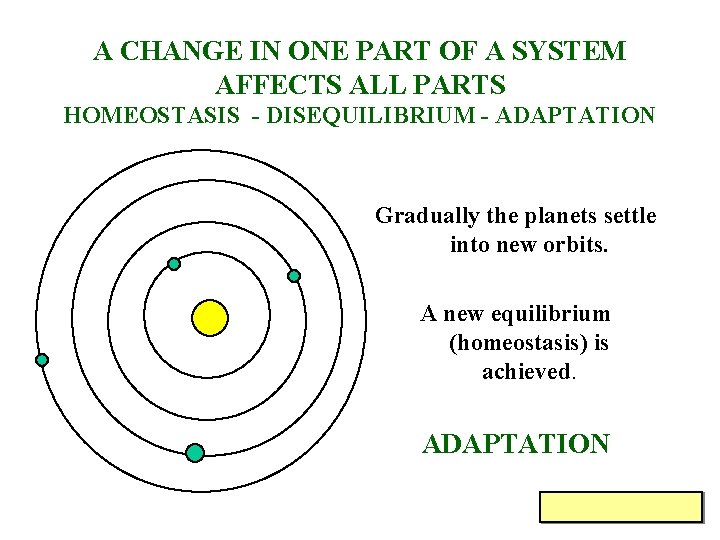 A CHANGE IN ONE PART OF A SYSTEM AFFECTS ALL PARTS HOMEOSTASIS - DISEQUILIBRIUM