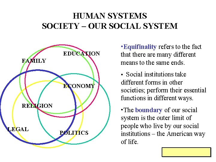 HUMAN SYSTEMS SOCIETY – OUR SOCIAL SYSTEM EDUCATION FAMILY • Equifinality refers to the