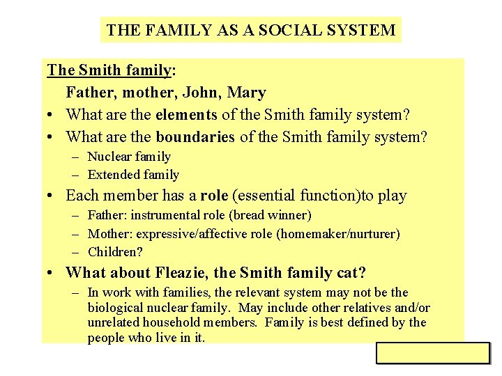THE FAMILY AS A SOCIAL SYSTEM The Smith family: Father, mother, John, Mary •