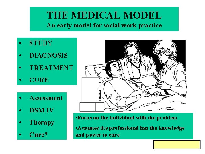 THE MEDICAL MODEL An early model for social work practice • STUDY • DIAGNOSIS