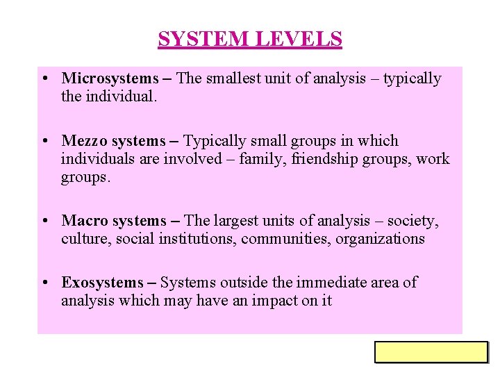 SYSTEM LEVELS • Microsystems – The smallest unit of analysis – typically the individual.