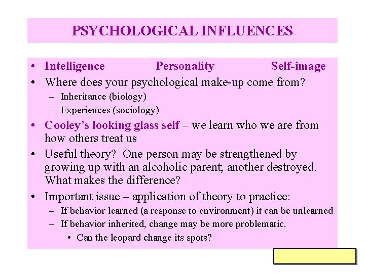 PSYCHOLOGICAL INFLUENCES • Intelligence Personality Self-image • Where does your psychological make-up come from?