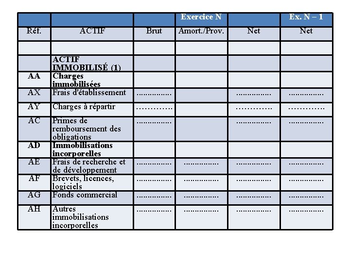 Exercice N Ex. N – 1 Réf. ACTIF Brut Amort. /Prov. Net AA AX